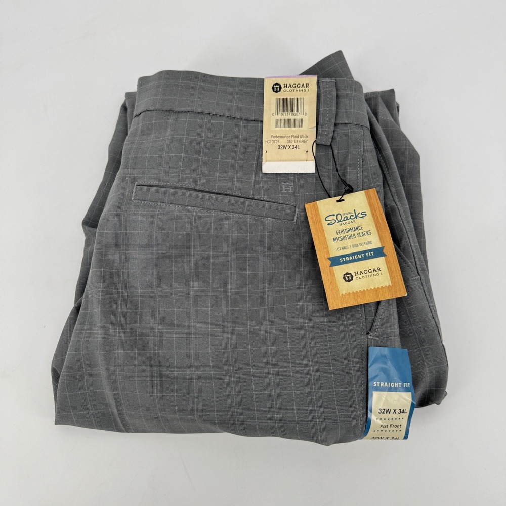 Haggar Mens Performance Microfiber Slacks Straight Fit Grey Plaid 32W x 34L NEW